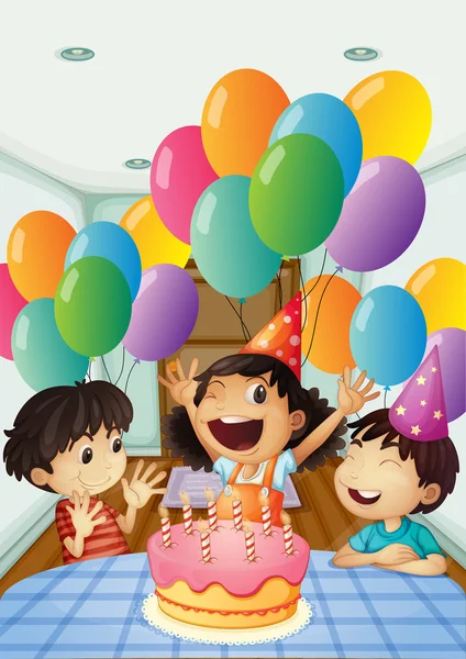 A birthday celebration with balloons and cake — Stock Vector