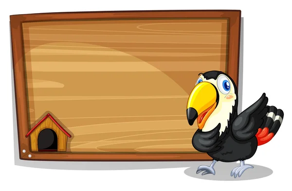 Um pássaro preto ao lado de uma tábua em branco de madeira — Vetor de Stock