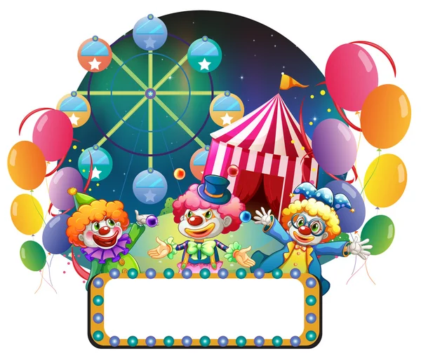 Three funny clowns in a carnival — Stock Vector