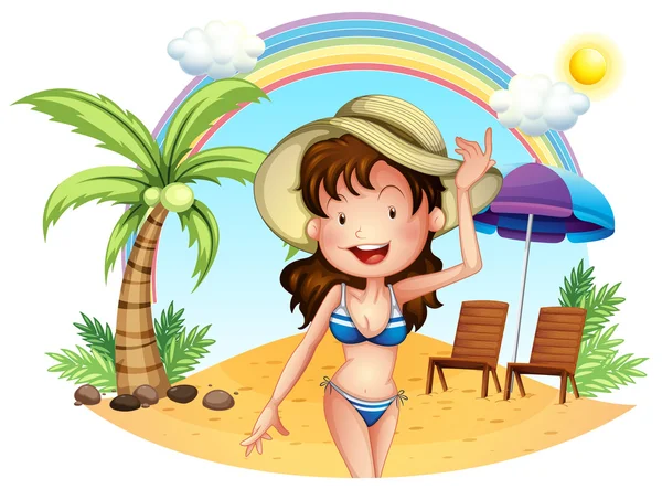 Una ragazza in costume da bagno in spiaggia — Vettoriale Stock