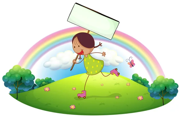 Ein Mädchen auf dem Hügel mit einem Schild — Stockvektor