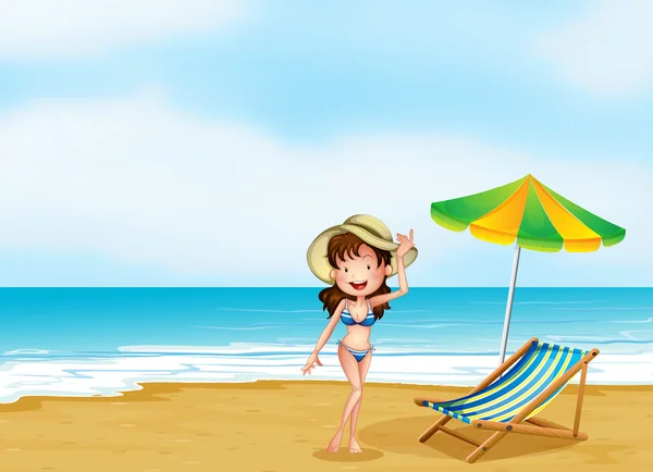 A woman at the beach with an umbrella and a chair — Stock Vector