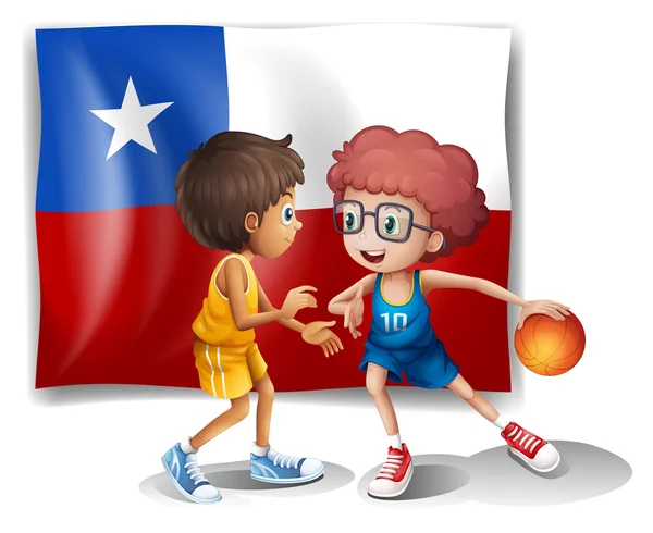 The basketball players in front of the Chile flag — Stock Vector