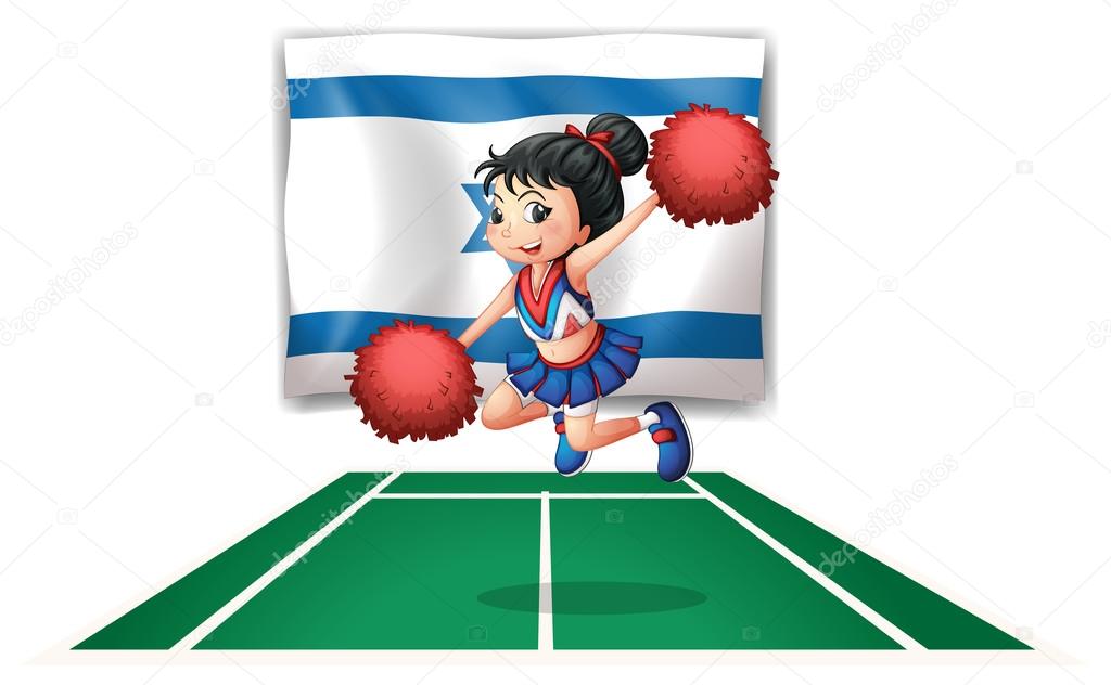 A cheerleader dancing in front of the Israel flag