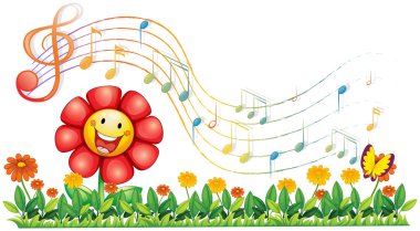 kırmızı bir çiçek bahçesinde bulunan müzik notaları