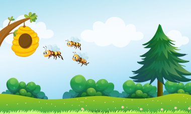 A beehive above the hill with three bees clipart