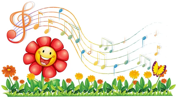 Un fiore rosso in giardino con note musicali — Vettoriale Stock