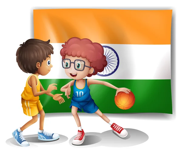 Two boys playing basketball in front of the Indian flag — Stock Vector