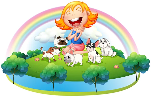 Una isla con una chica y sus cinco mascotas — Vector de stock