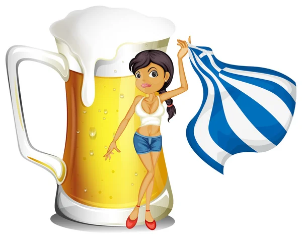 Una chica sosteniendo la bandera de Grecia frente a una jarra grande de cerveza — Vector de stock