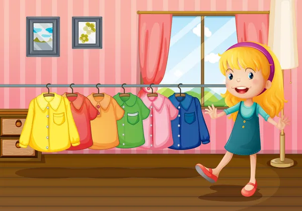Bir kızın yanında evin içinde asılı elbiseleri — Stok Vektör