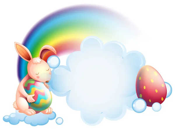 Ein Hase hält ein Ei, während er vor einem Regenbogen schläft — Stockvektor