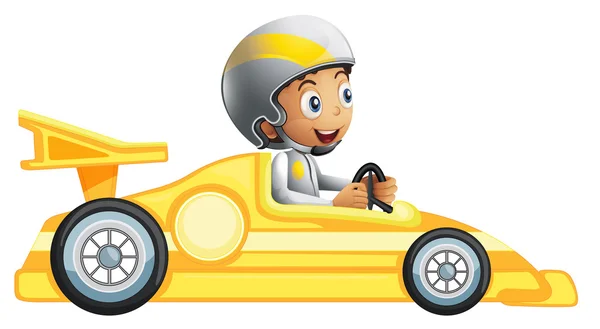 Un niño montando en un coche de carreras amarillo — Vector de stock