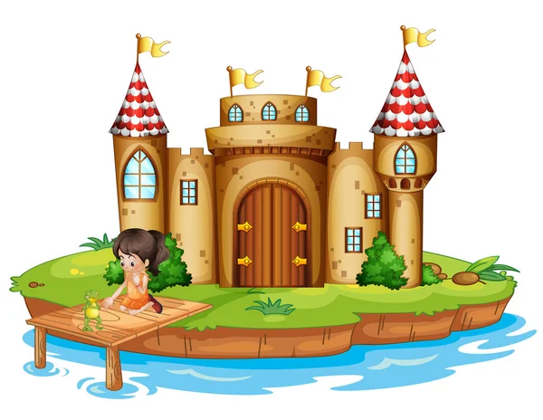 Una chica sentada con una rana frente a un castillo — Vector de stock