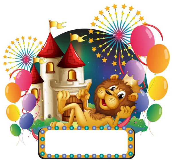 A lion king lying in front of a castle with balloons and firewor — Stock Vector