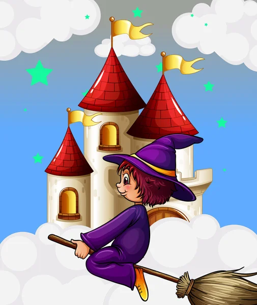 A witch riding in a broom near the castle — Stock Vector