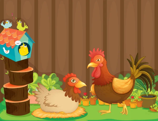 Uma galinha e um galo ao lado da casa dos pássaros —  Vetores de Stock
