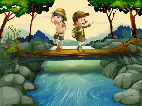 Dos niños cruzando el río — Vector de stock