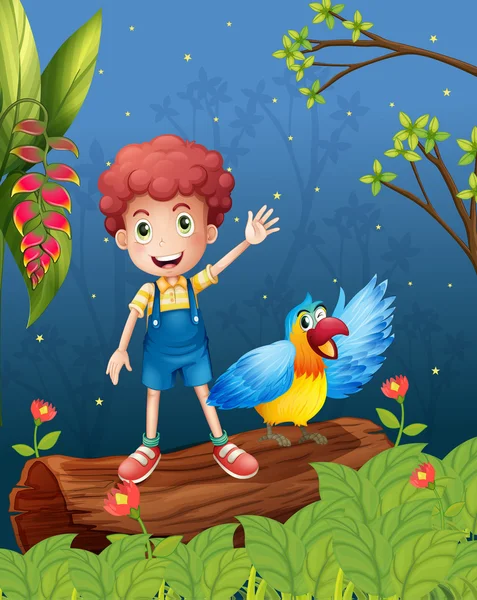 Un niño con un pájaro en el bosque — Vector de stock