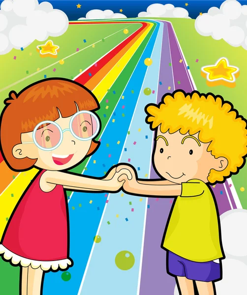 A colorful road with a girl and a boy holding hands — Stock Vector