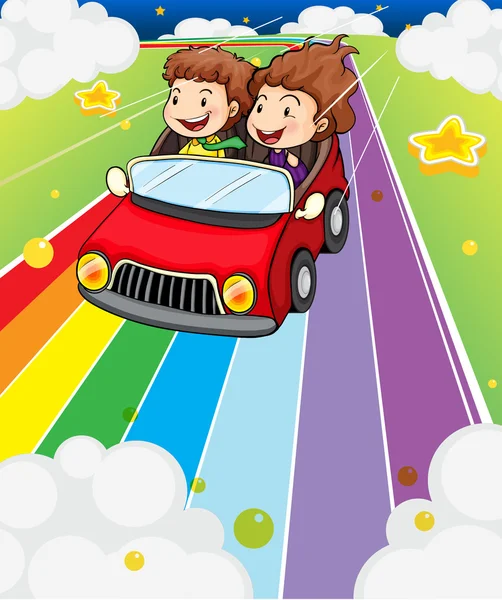 Dos niños montando en un coche rojo — Vector de stock