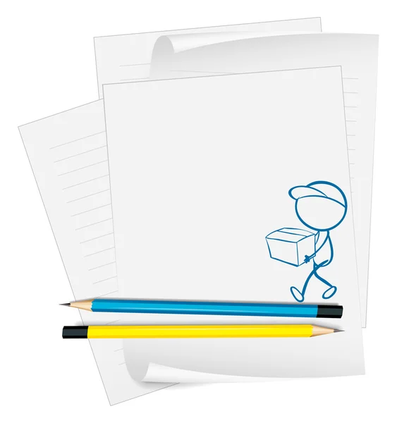 A paper with a sketch of a person holding a box — Stock Vector