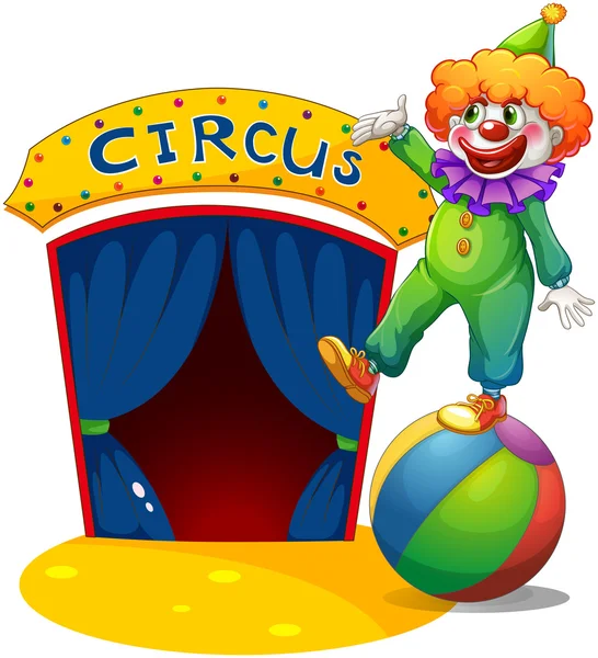 En klovn på toppen av en ball som presenterer sirkushuset – stockvektor