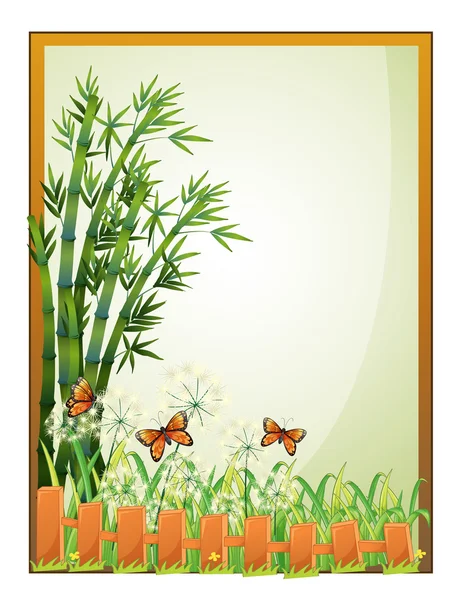 Un marco con plantas de bambú y mariposas — Vector de stock