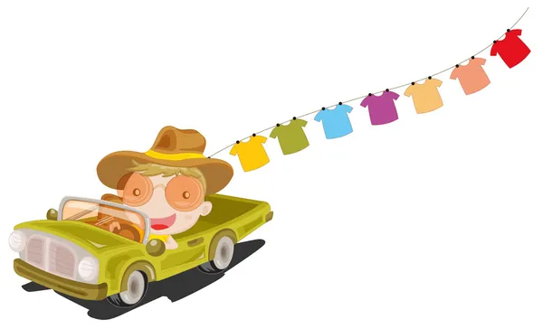 A man in a car in front of the hanging clothes — Stock Vector