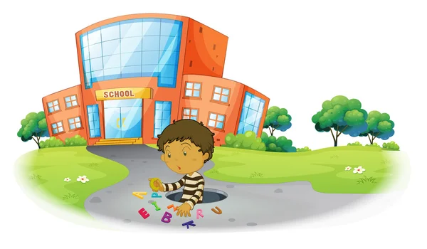 A boy playing in front of the school building — Stock Vector