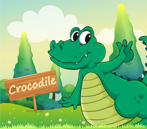 A crocodile beside a wooden signboard — Stock Vector