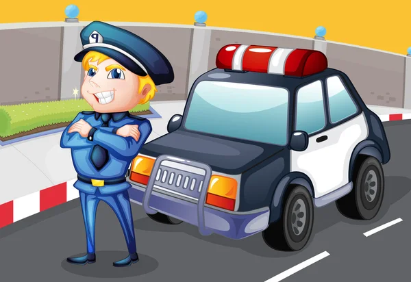 Uśmiechający się policjant stoi przed samochód policyjny — Wektor stockowy