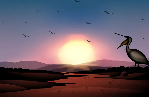 En solnedgång i öknen med en flock fåglar — Stock vektor
