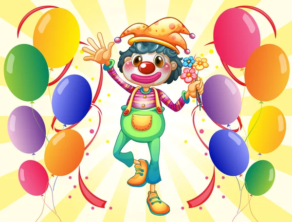 A clown with flowers and balloons — Stock Vector