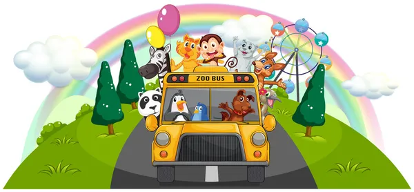 Um ônibus zoológico amarelo na estrada — Vetor de Stock