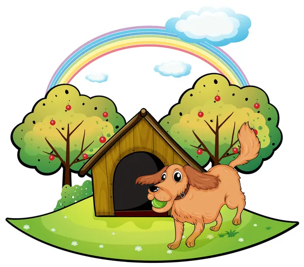 A dog playing outside the doghouse near the apple tree — Stock Vector