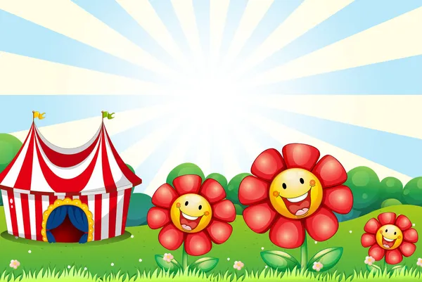 Three plastic flowers and a tent at the top of the hill — Stock Vector