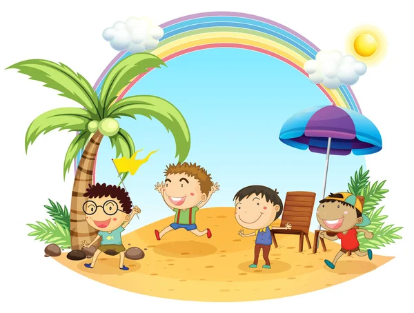 Чотири хлопчики, які виходять на пляж — стоковий вектор
