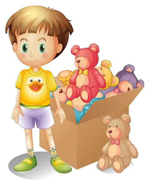 A boy beside a box of toys — Stock Vector