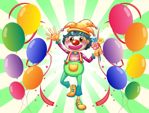 A female clown in the middle of the balloons — Stock Vector