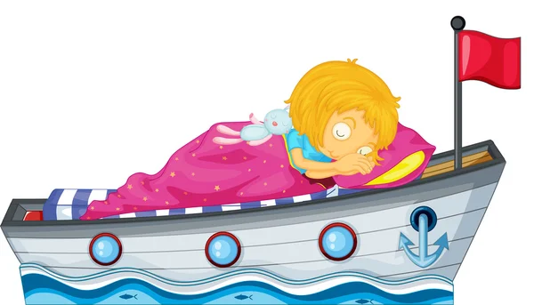 A girl sleeping in a ship with a pink blanket — Stock Vector