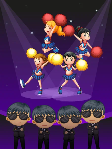 Cuatro animadoras bailando con focos — Vector de stock