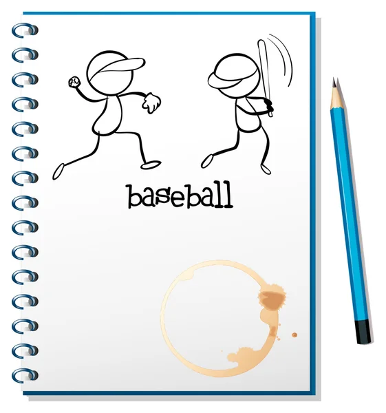 A notebook with a sketch of the baseball players — Stock Vector