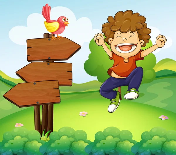 Щасливий молодий хлопчик біля трьох дерев'яних стріл — стоковий вектор