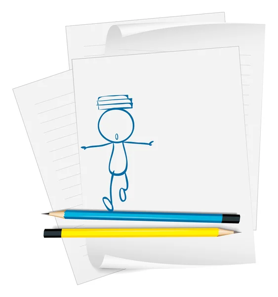 Een papier met een schets van een jongen met boeken boven zijn hoofd Stockvector