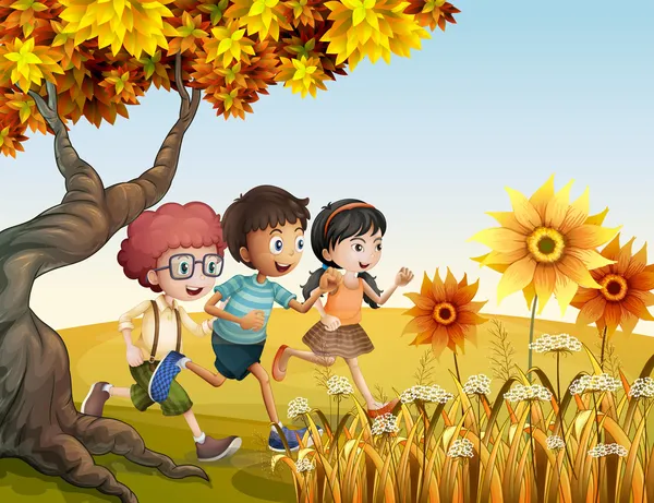 Children running at the hill with sunflowers — Stock Illustration Children running at the hill with sunflowers Royalty Free Stock Vectors