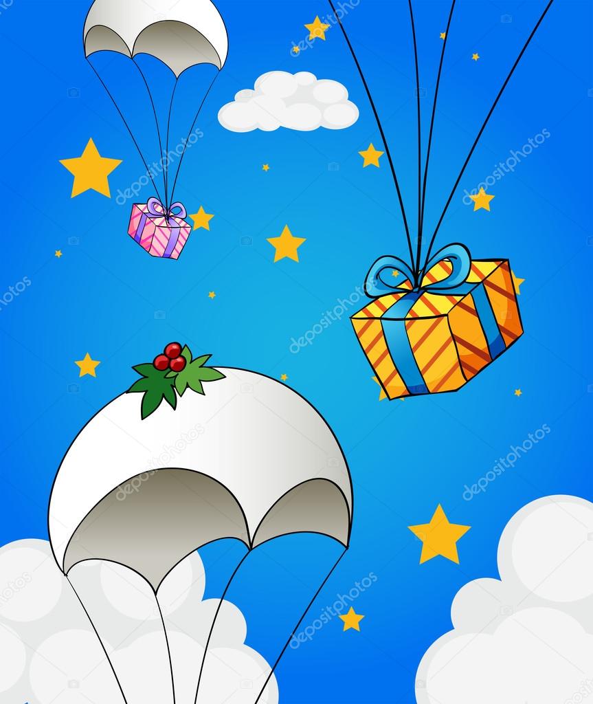 Three parachutes with gifts