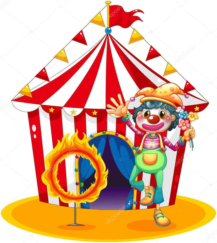 A ring of fire and a clown in front of a circus tent
