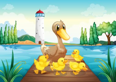A mother duck with four baby ducks in the wooden bridge clipart