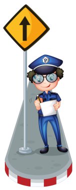 bir polisin yanında sarı bir tabela